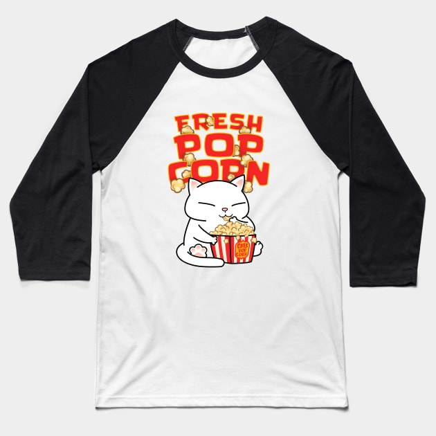 Chubby Cat Pop Corn Baseball T-Shirt by Takeda_Art